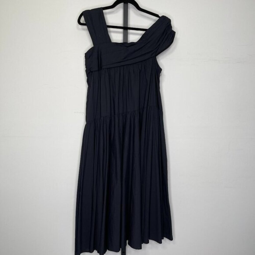 NWT Merlette Women's Black Crane Pleated Asymmetric Midi Shift Dress Size Small